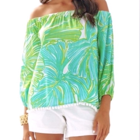 Lilly Pulitzer Tops - Lilly Pulitzer Green and Blue Off-Shoulder Blouse